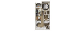 A detailed 3D floor plan of a small apartment.