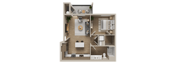 A 3D floor plan of a house layout.