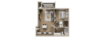 A 3D floor plan of a house showing a kitchen, living room, dining area, and bathroom.