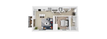 A top-down view of a modern apartment layout with a living room, kitchen, and bathroom.