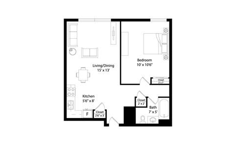 Floor plan for a 1 bedroom apartment