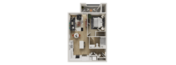 A 3D floor plan of a small apartment with a kitchen, living room, and bathroom.