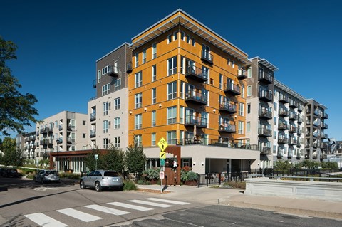 Street view of the exterior apartment building at Track 29 Apartments, Minneapolis, MN, Minnesota