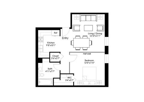 Floor plan for a 1 bedroom apartment
