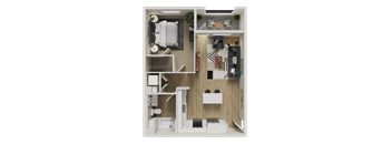 A detailed 3D floor plan of a small apartment with a kitchen, living room, and bathroom.
