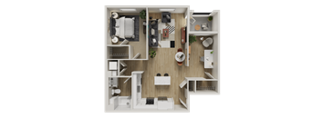 A top-down view of a small apartment with a kitchen, living room, and bedroom.