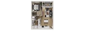 A detailed floor plan of a small apartment with a kitchen, living room, and bedroom.