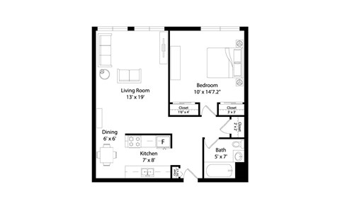 Floor plan for a 1 bedroom apartment
