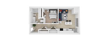 A top-down view of a modern apartment layout with a bedroom, living room, kitchen, and bathroom.