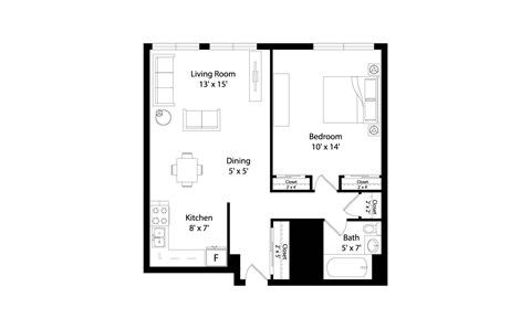 Floor plan for a 1 bedroom apartment