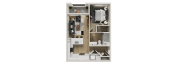 A 3D floor plan of a small apartment with a kitchen, living room, and bathroom.