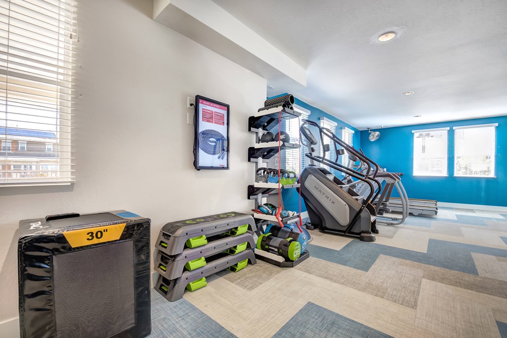 a home gym with a treadmill and a television