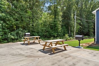 two picnic tables on a patio with two bbq pits