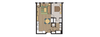 A floor plan of a room with a dining table, a couch, and a kitchenette.