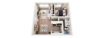 A top-down view of a small, neatly organized apartment with a kitchen, living room, and bathroom.
