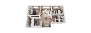 A top-down view of a small apartment layout with a kitchen, living room, and bedrooms.