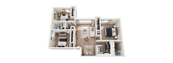 A top-down view of a small apartment with a kitchen, living room, and bathroom.