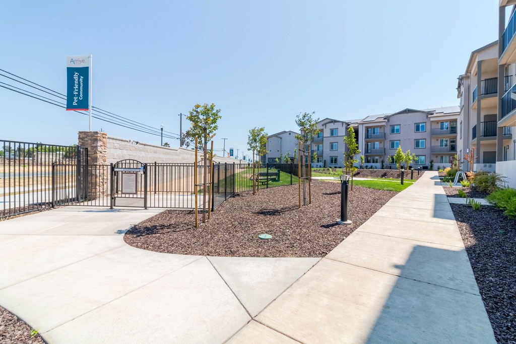 A walkway along apartment buildings