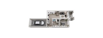 A 3D floor plan of a house with a car parked in the garage.