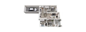 A top-down view of a house with a car in the garage.