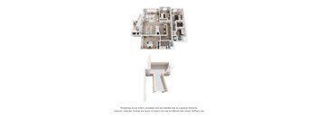 A 3D floor plan of a house with a staircase.
