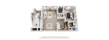 A 3D floor plan of a small apartment with a kitchen, living room, and bathroom.