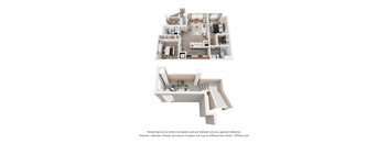 A 3D floor plan of a house with a staircase.
