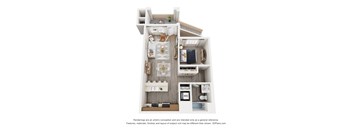A 3D floor plan of a small apartment with a kitchen, living room, and bathroom.
