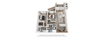 A 3D floor plan of a small apartment with a kitchen, living room, and bathroom.