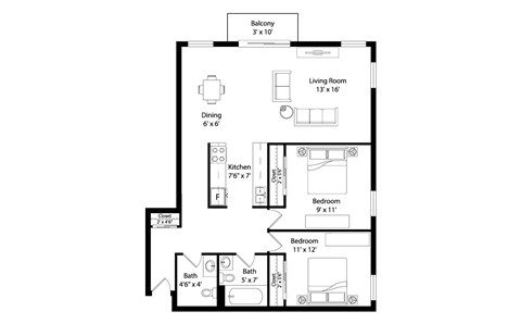 Floor plan for a 2 bedroom apartment