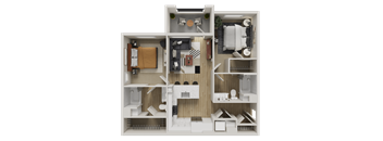 A 3D floor plan of a small apartment with a kitchen, living room, and bathroom.