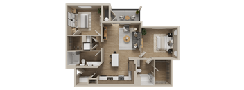 A detailed 3D floor plan of a house layout.