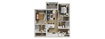 A 3D floor plan of a small apartment with a kitchen, living room, and bathroom.