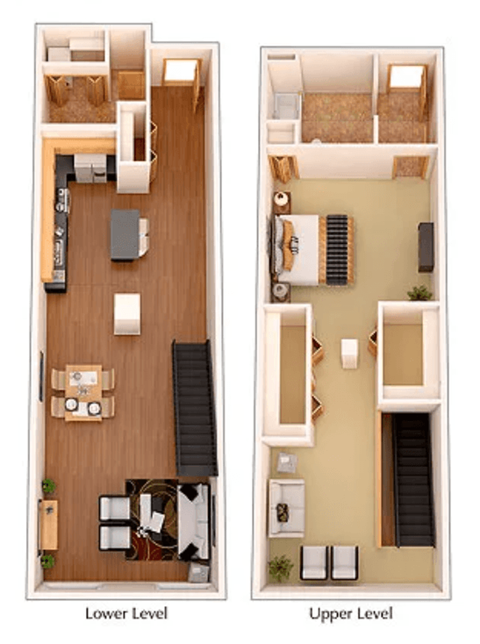 A floor plan of a two-level apartment with labeled lower and upper levels.