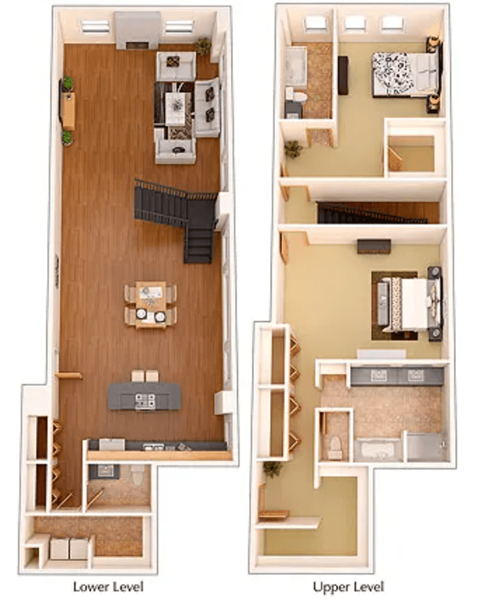 A floor plan of a two-level apartment with a living room, kitchen, and bedrooms.