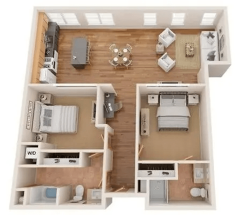 A floor plan of a two-bedroom apartment with a living room, kitchen, and bathroom.