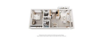 A 3D floor plan of a 1 bedroom apartment