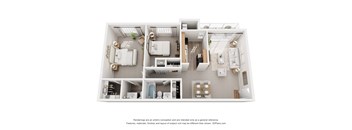 A 3D floor plan of a 2 bedroom apartment