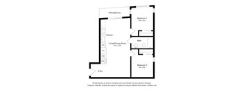 A floor plan of a house with two bedrooms, a living room, a kitchen, a bath, and an entry.