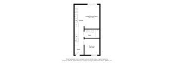 A floor plan of a small apartment with a living room, kitchen, bath, and bedroom.