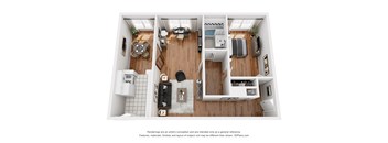 A 3D floor plan of a small apartment with a kitchen, living room, and bedroom.