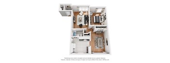 A 3D floor plan of a house with a kitchen, living room, and bathroom.