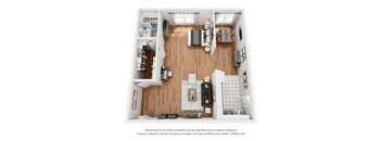 A 3D floor plan of a small apartment with a kitchen, living room, and bathroom.