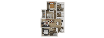 A 3D floor plan of a house with a kitchen, living room, and two bedrooms.