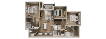 A detailed 3D model of a house layout with various rooms and furniture.