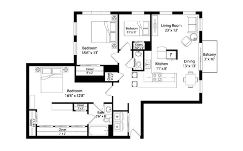 A black and white image of a floor plan for a house.