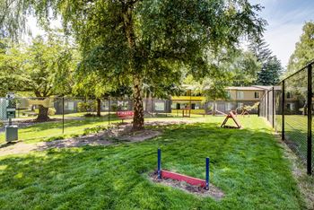 a park with a tree and a playground and a fence