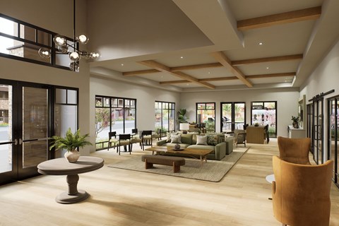 A modern living room with a large window and a wooden floor.
