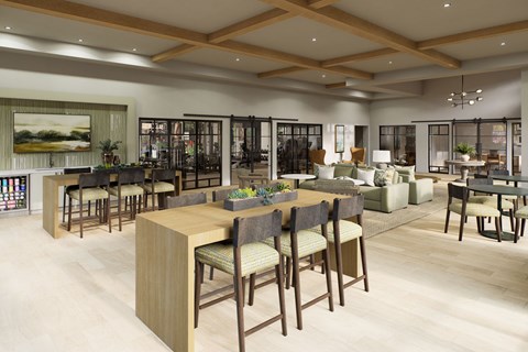 A modern dining room with wooden floors and furniture.