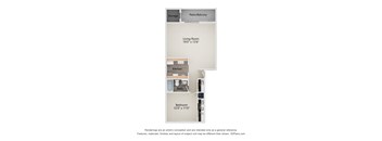 A floor plan of a small apartment with a living room, kitchen, bathroom and bedroom.